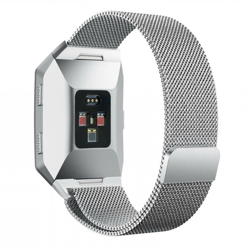 Milanese Strap, silver, on a watch, 3/4 rear view