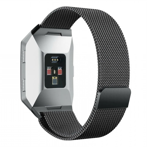 Milanese Strap, black, on a watch, 3/4 rear view