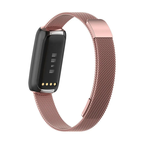 Milanese Strap, pink, on a watch, 3/4 rear view