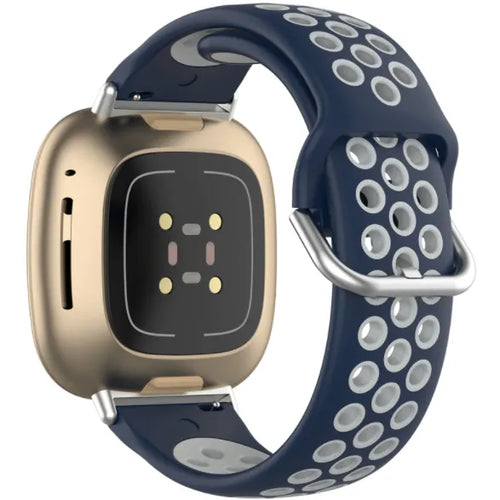 Silicone Sport Strap, blue/grey, on a watch, 3/4 rear view
