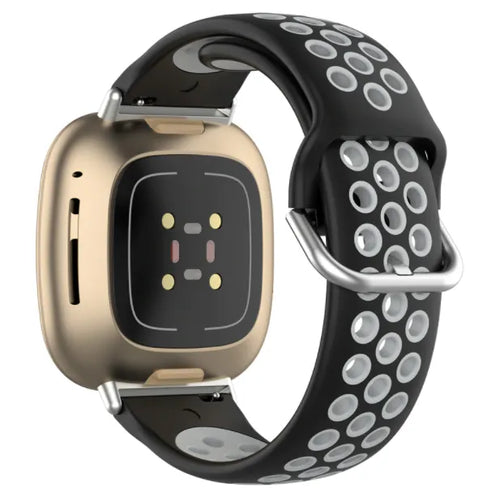 Silicone Sport Strap, black/grey, on a watch, 3/4 rear view