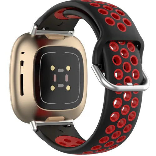 Silicone Sport Strap, black/red, on a watch, 3/4 rear view