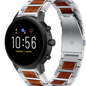 Wood Steel Strap, silver, on a watch, 3/4 rear view