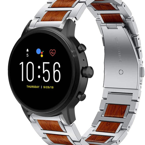 Wood Steel Strap, silver, on a watch, 3/4 rear view