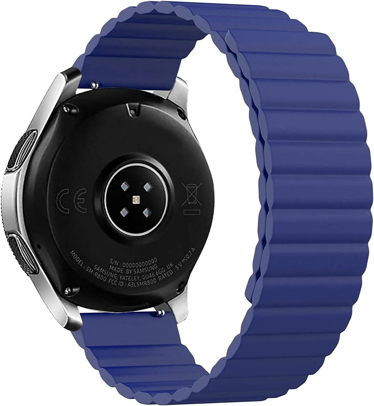 Magnetic Silicone Strap, blue, on a watch, 3/4 rear view