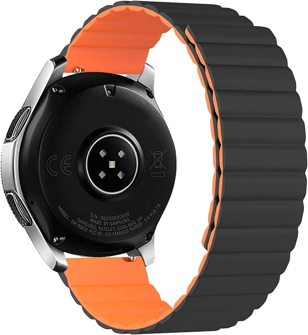 Magnetic Silicone Strap, black/orange, on a watch, 3/4 rear view