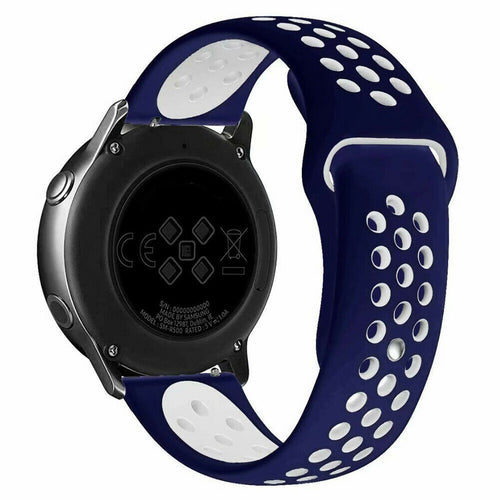 Silicone Sport Strap, blue/white, on a watch, 3/4 rear view