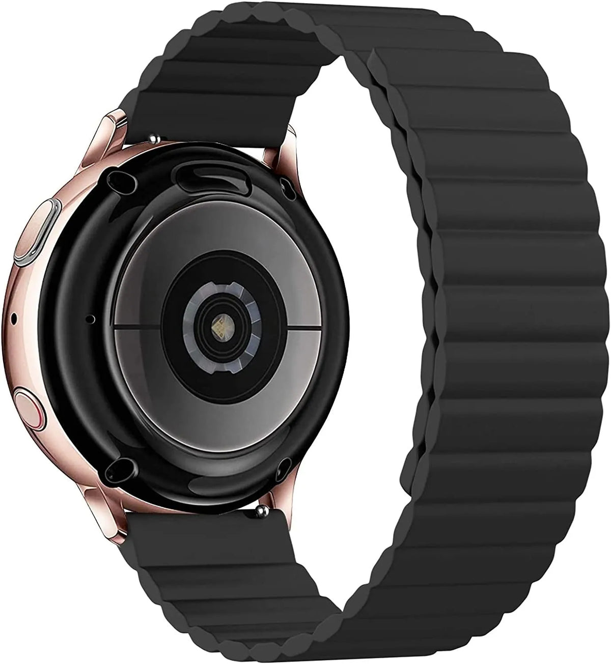 Magnetic Silicone Strap, black, on a watch, 3/4 rear view