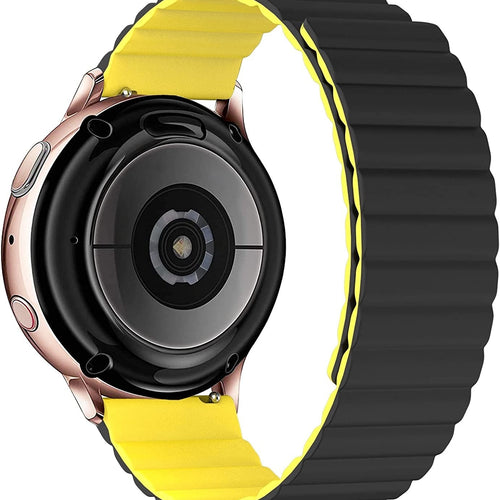 Magnetic Silicone Strap, black/yellow, on a watch, 3/4 rear view