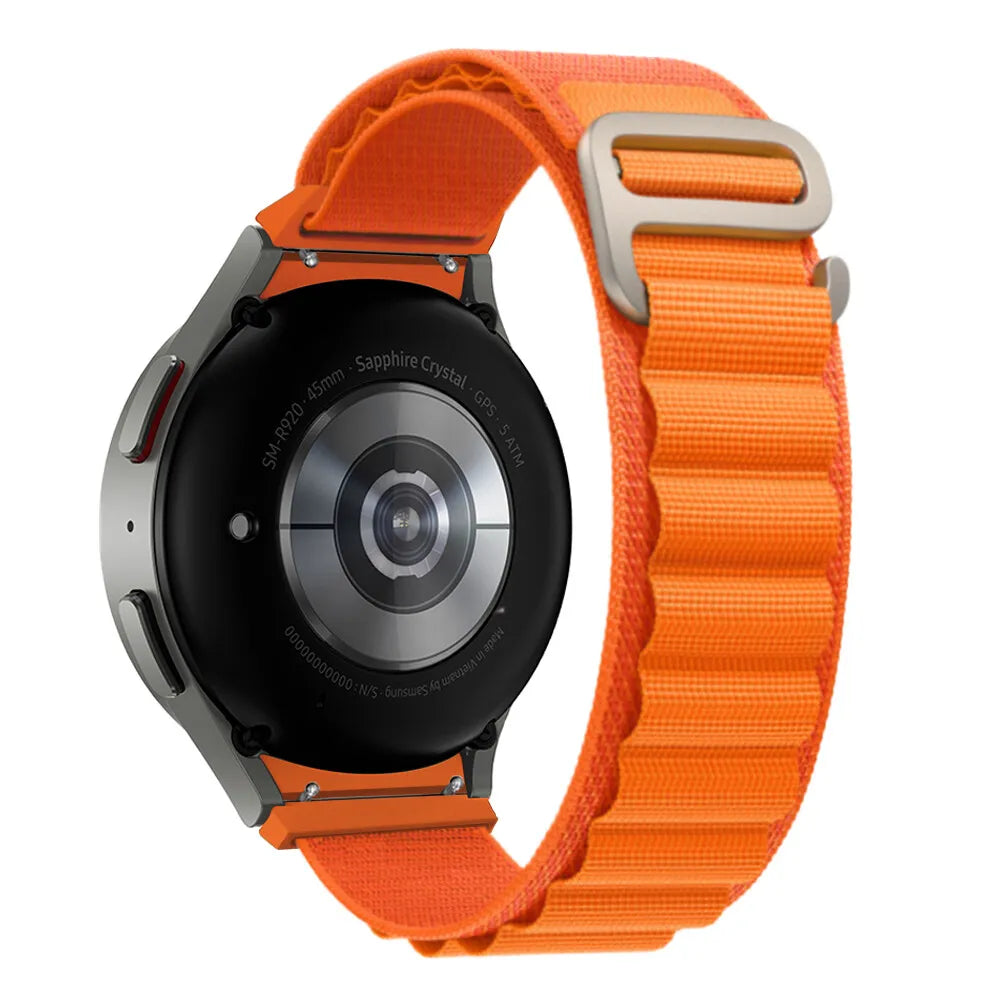 Alpine Nylon Strap, orange, on a watch, 3/4 rear view