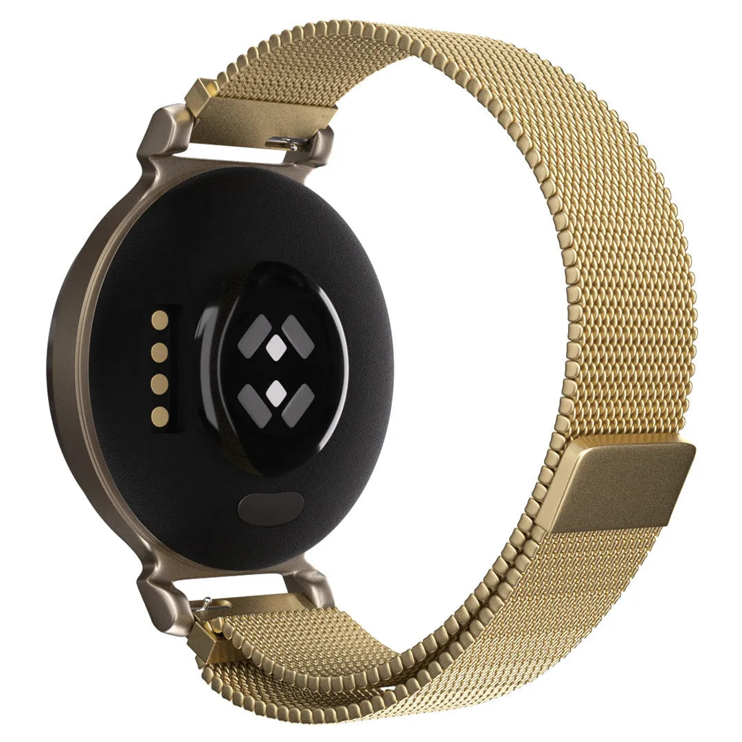 Milanese Strap, gold, on a watch, 3/4 rear view