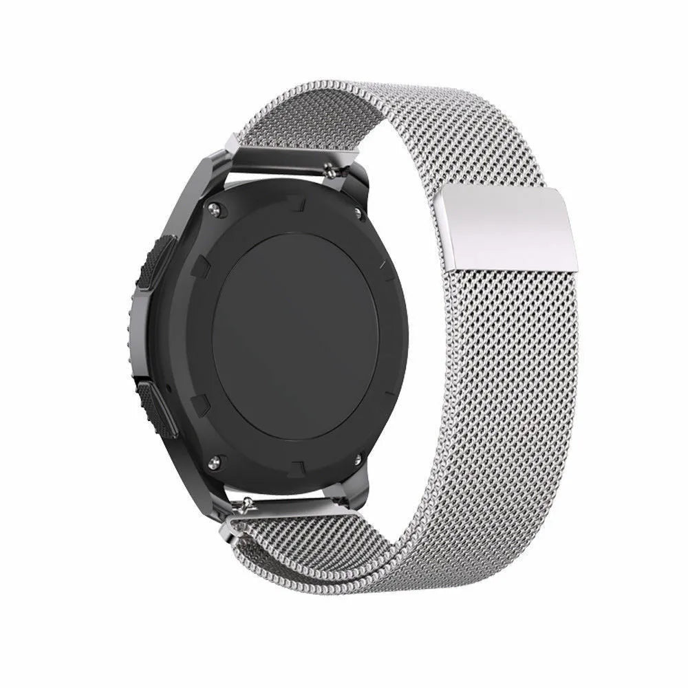 Milanese Strap, silver, on a watch, 3/4 rear view