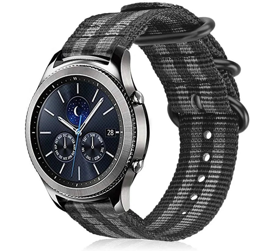 Nylon Buckle Strap, black/grey, on a watch, 3/4 rear view