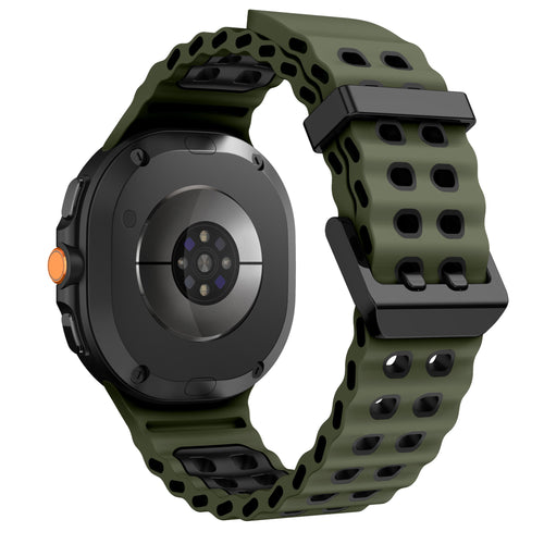 Silicone Ocean Strap, olive green/black, on a watch, 3/4 rear view