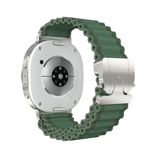 Outdoor Nylon Strap with P-Buckle, green with silver, on a watch, 3/4 rear view
