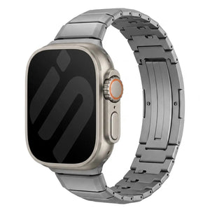 One Bead Titanium Strap, graphite, on a watch, 3/4 rear view
