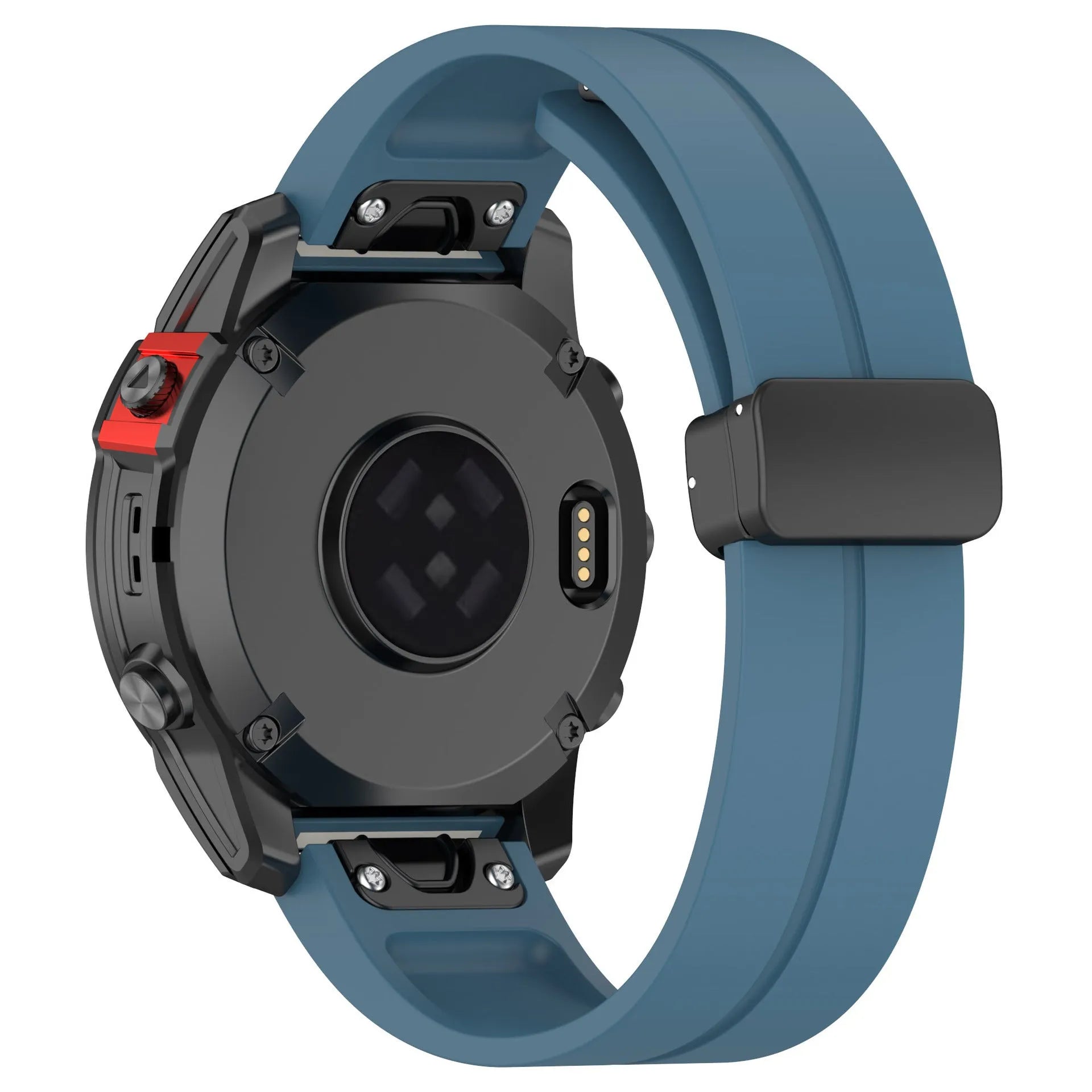 D-Buckle Silicone Strap, grey-blue, on a watch, 3/4 rear view
