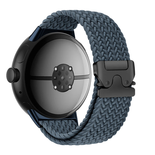 Nylon Braided Strap P-Buckle, grey-blue, on a watch, 3/4 rear view