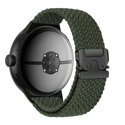 Nylon Braided Strap P-Buckle, green, on a watch, 3/4 rear view