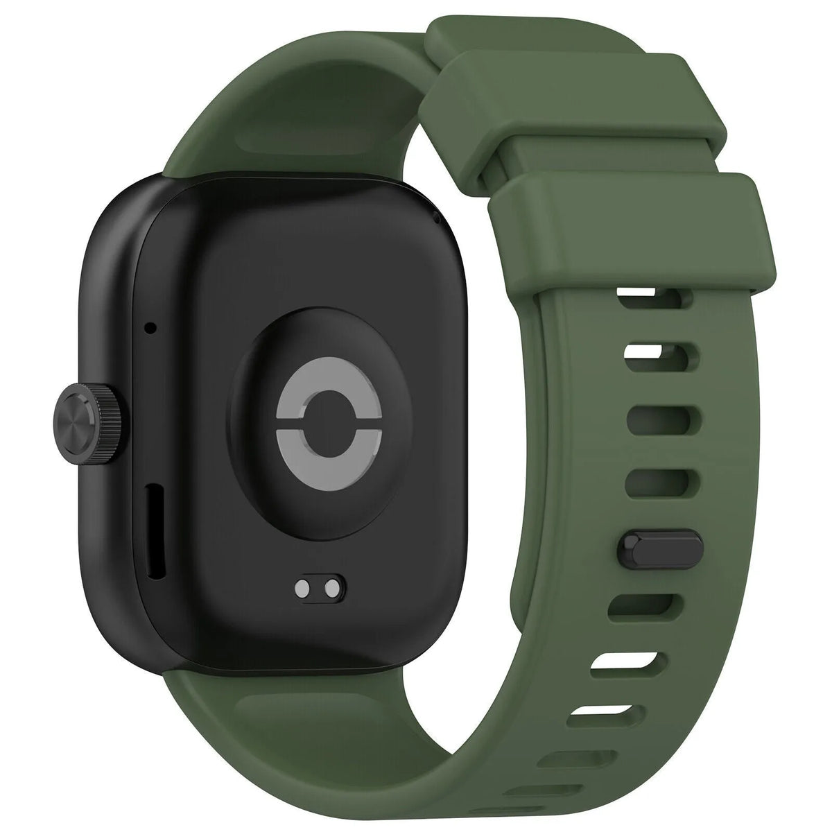 Silicone Strap, dark green, on a watch, 3/4 rear view