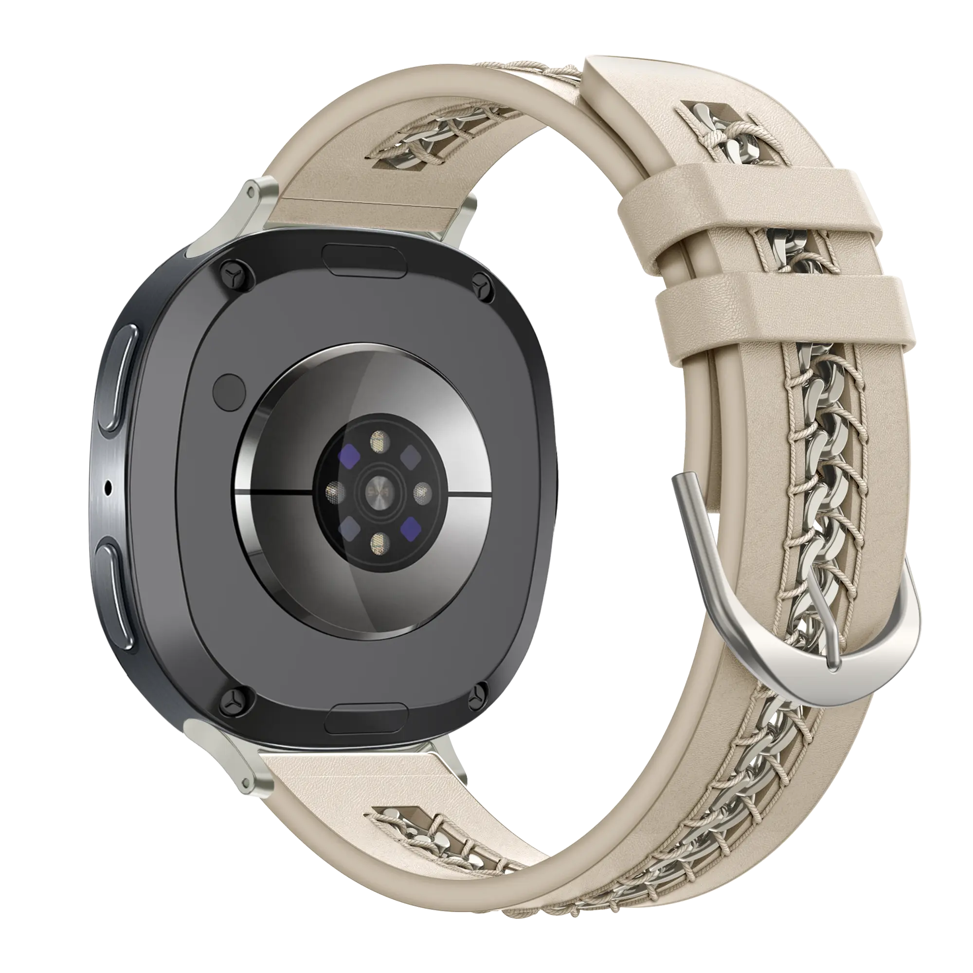 Leather Strap 'Chains', beige, on a watch, 3/4 rear view