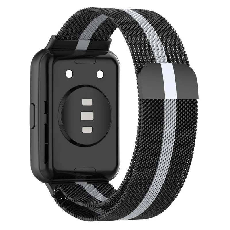 Milanese Strap, black/silver, on a watch, 3/4 rear view