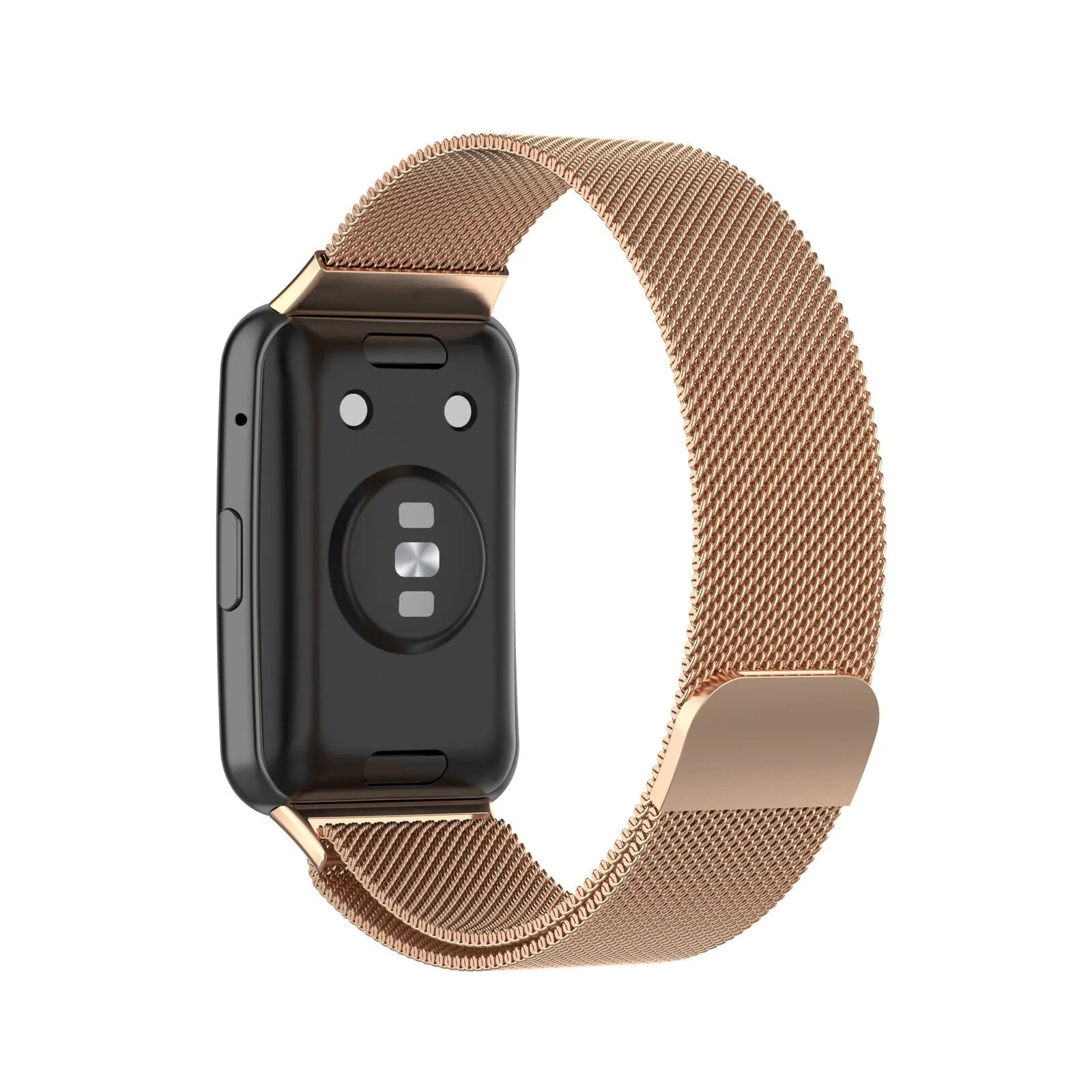Milanese Strap, rose gold, on a watch, 3/4 rear view
