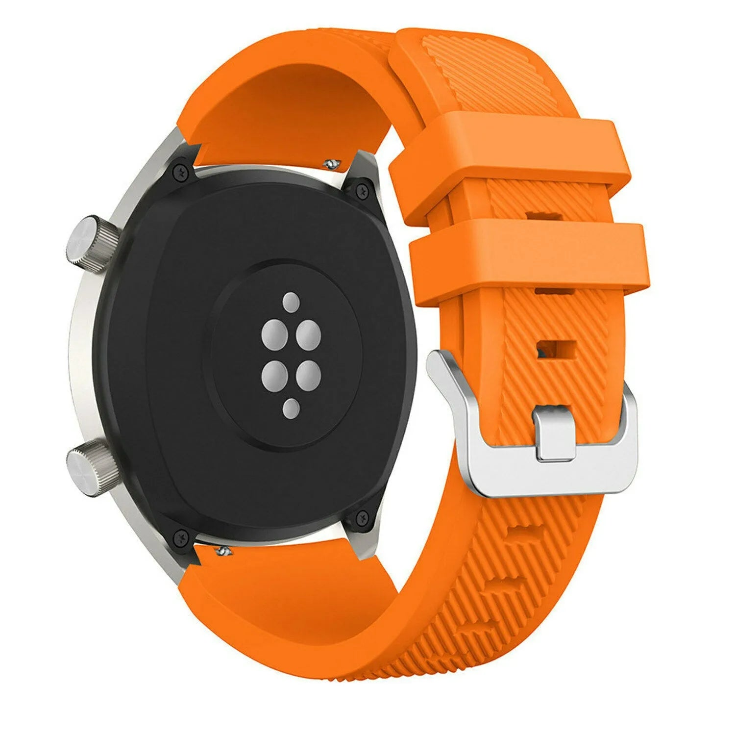 Twill Silicone Strap, orange, on a watch, 3/4 rear view