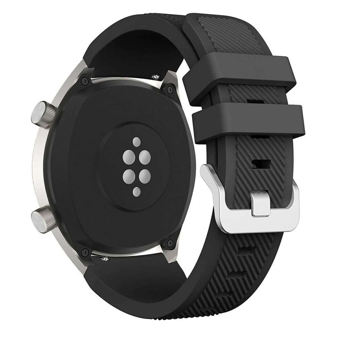 Twill Silicone Strap, black, on a watch, 3/4 rear view