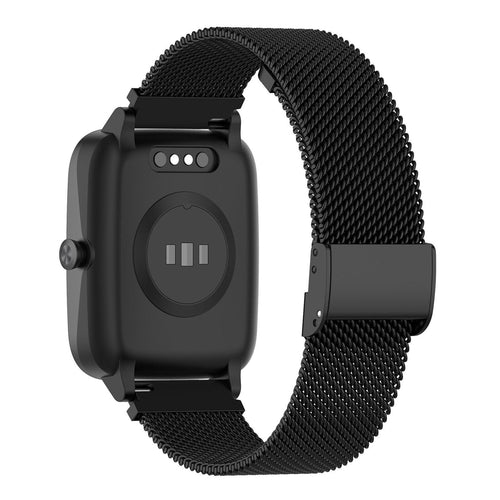 Milanese Strap, black, on a watch, 3/4 rear view