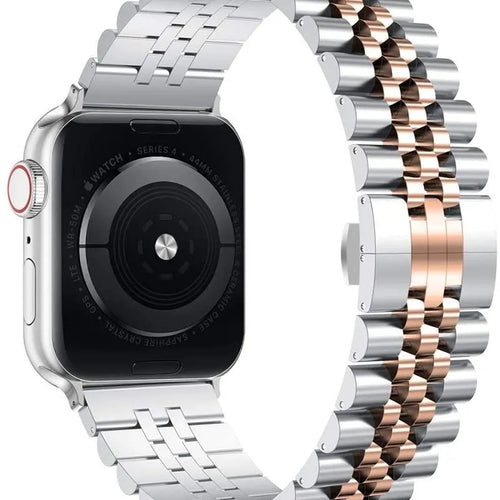 Jubilee Steel Strap, silver/rose gold, on a watch, 3/4 rear view