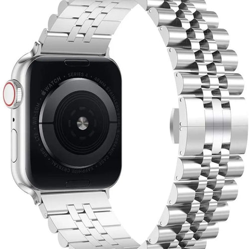 Jubilee Steel Strap, silver, on a watch, 3/4 rear view