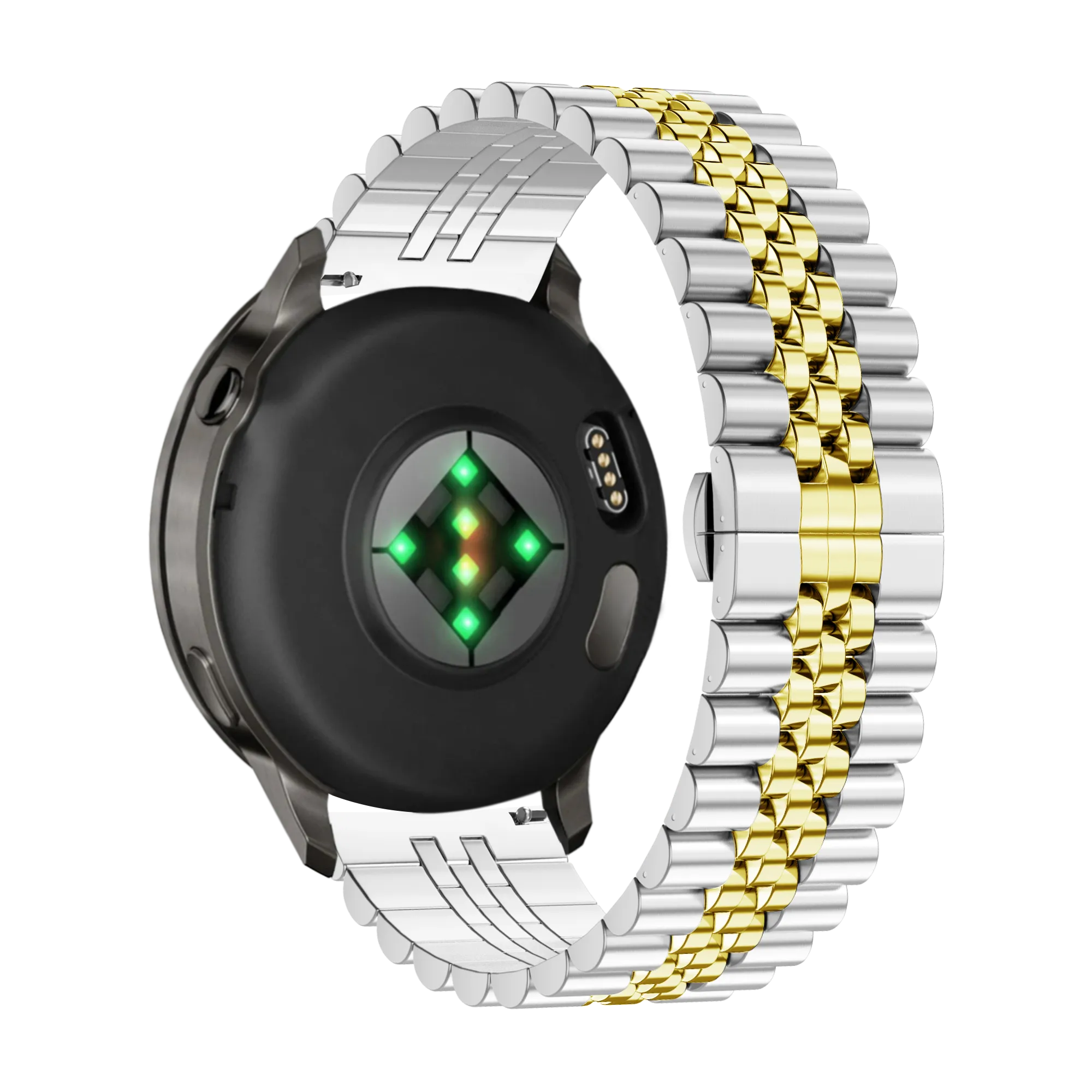 Steel Strap 'Jubilee', silver/gold, on a watch, 3/4 rear view