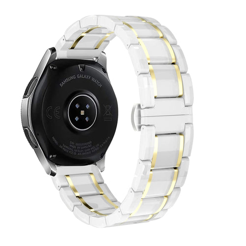Metal Ceramic Link Strap, white/gold, on a watch, 3/4 rear view