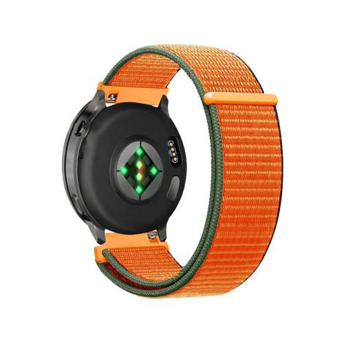 Nylon Loop Strap, kumquat, on a watch, 3/4 rear view