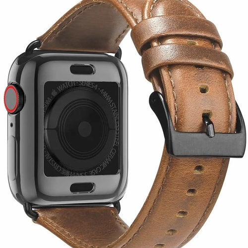 Leather Strap, brown, on a watch, 3/4 rear view