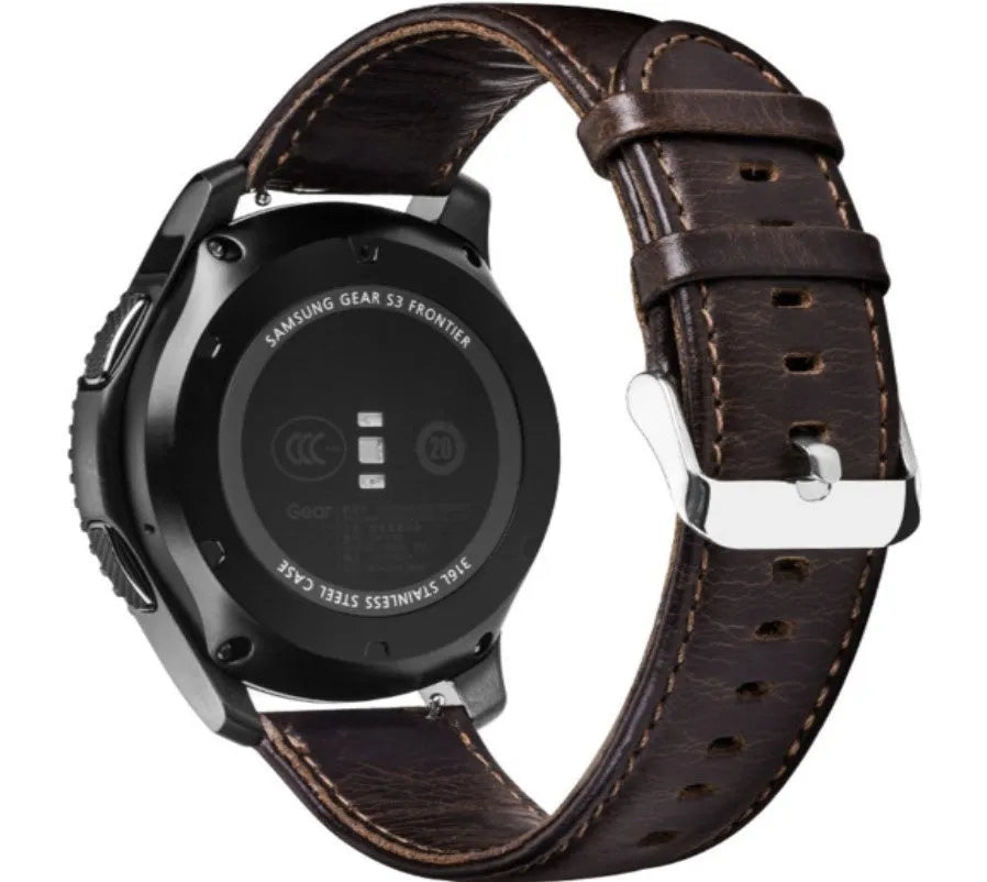 Leather Strap, dark brown, on a watch, 3/4 rear view