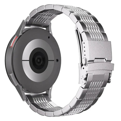 Luxury Steel Link Strap, silver, on a watch, 3/4 rear view