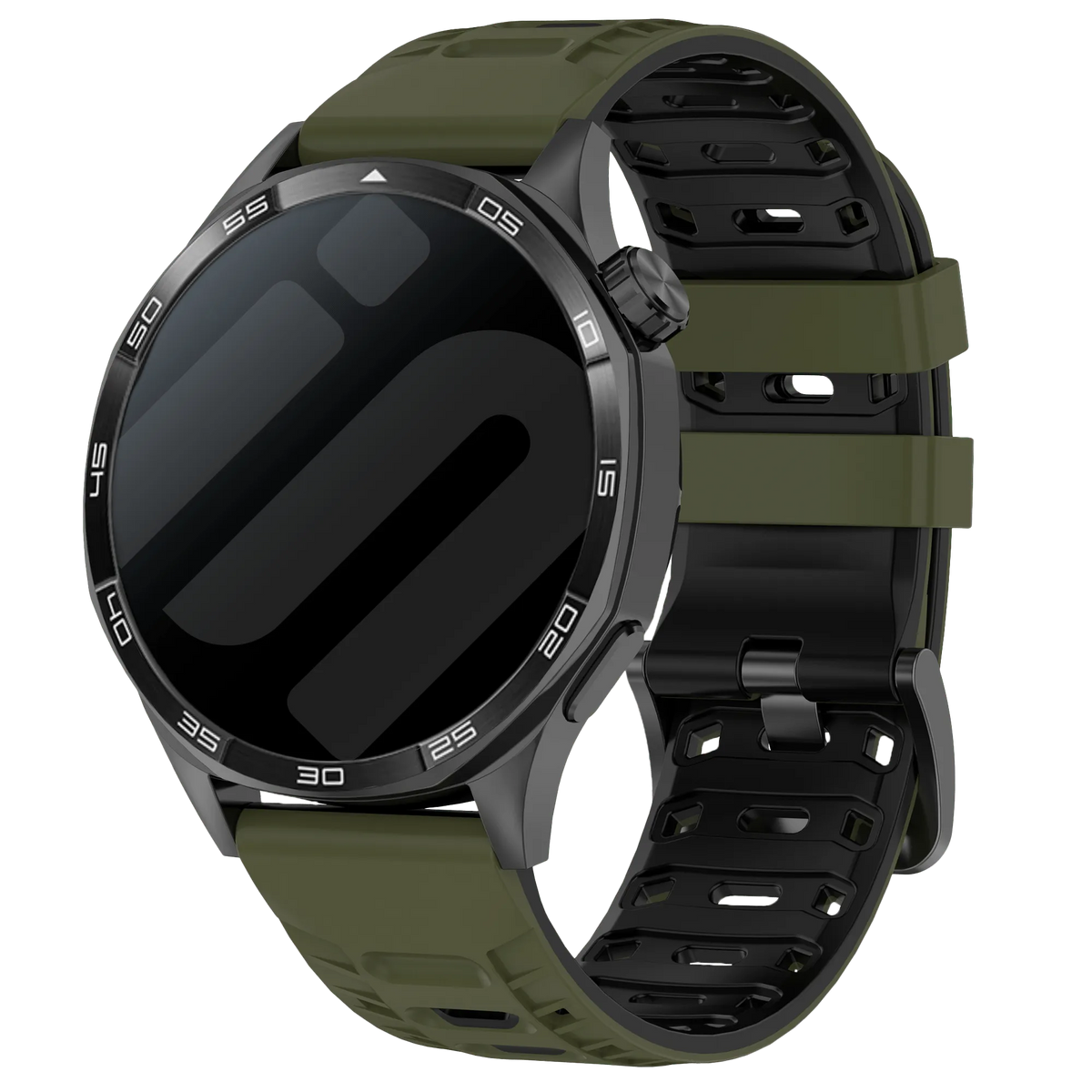 Silicone Mecha Sport Strap, army green/black, on a watch, 3/4 rear view