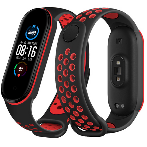 Silicone Sport Strap, black/red, on a watch, 3/4 rear view