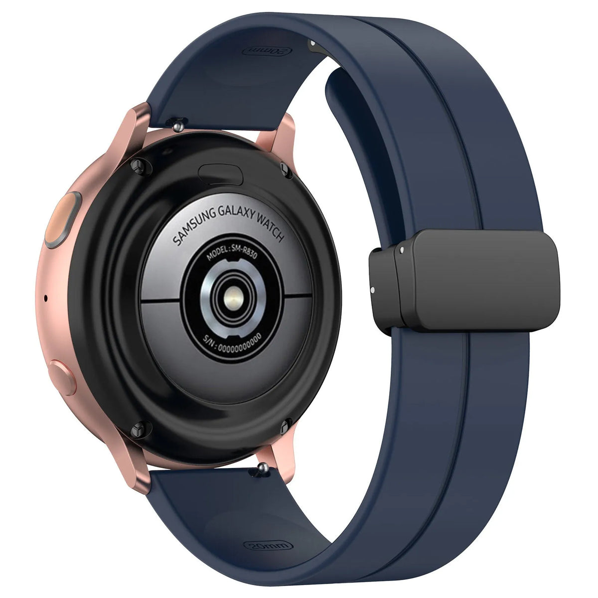 D-Buckle Silicone Strap, dark blue, on a watch, 3/4 rear view