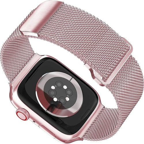 Milanese Strap with Buckle, pink, on a watch, 3/4 rear view