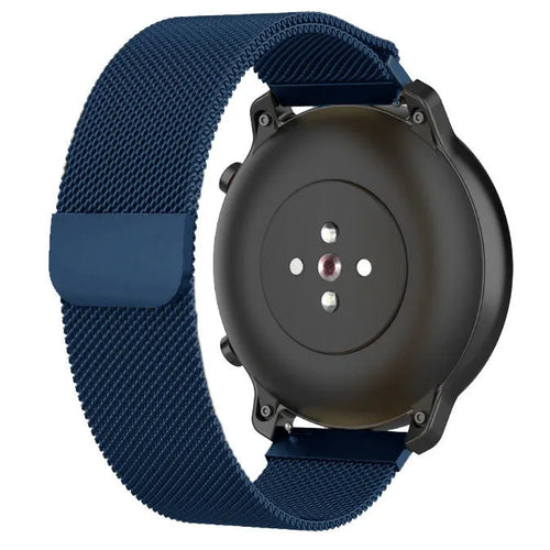 Milanese Strap, blue, on a watch, 3/4 rear view