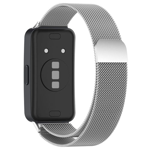 Milanese Strap, silver, on a watch, 3/4 rear view