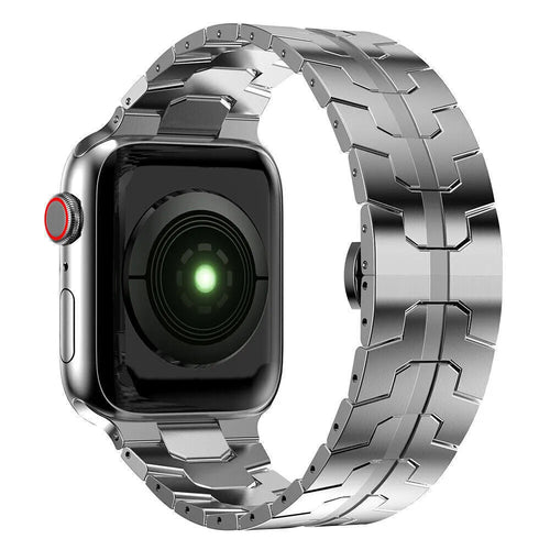 Steel Iron Strap, silver, on a watch, 3/4 rear view