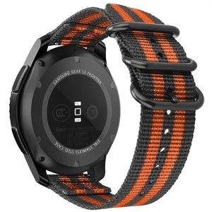 Nylon Buckle Strap, black/orange, on a watch, 3/4 rear view