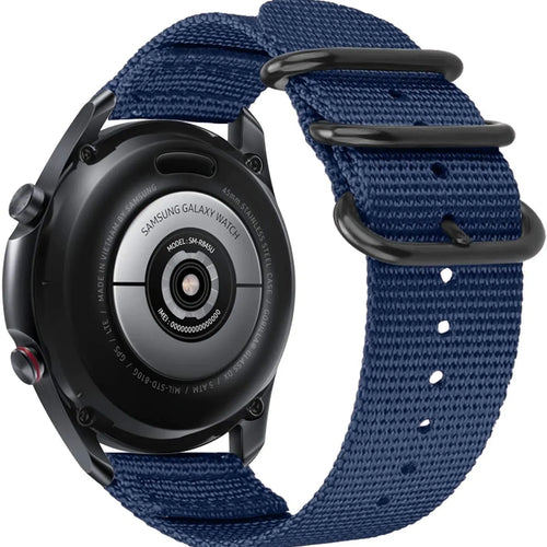 Nylon Buckle Strap, blue, on a watch, 3/4 rear view