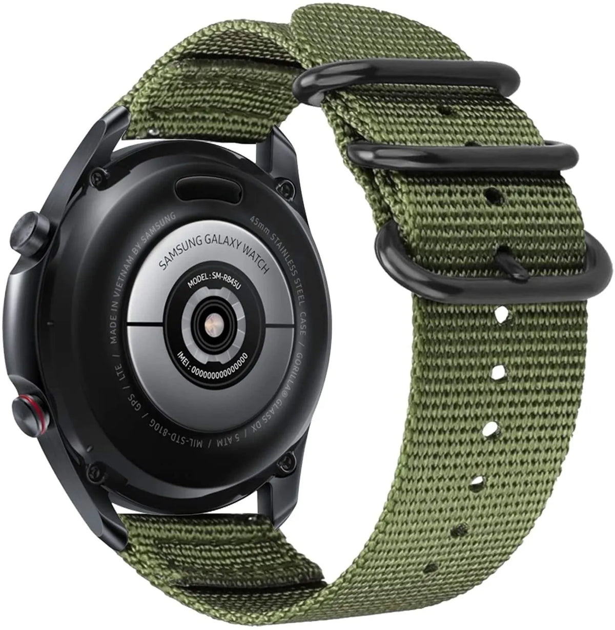 Nylon Buckle Strap, green, on a watch, 3/4 rear view