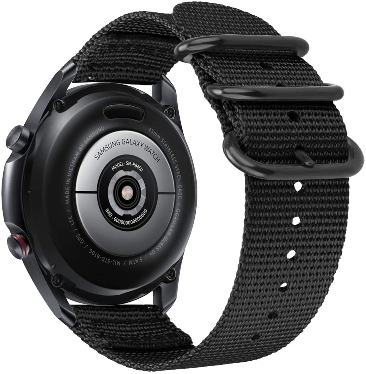 Nylon Buckle Strap, black, on a watch, 3/4 rear view