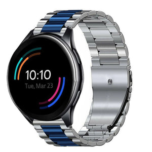 Steel Strap, silver/blue, on a watch, 3/4 rear view
